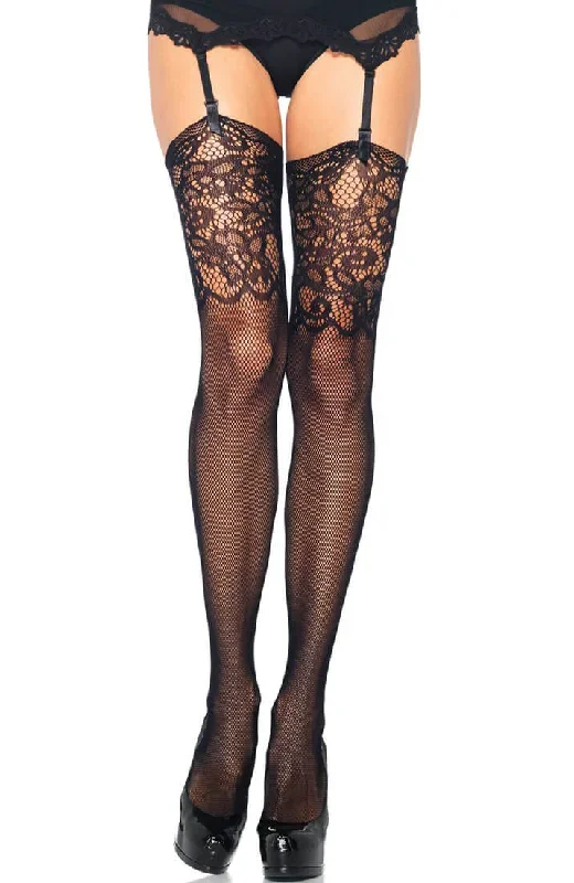 Black thigh high fishnet stockings with Jacquard lace