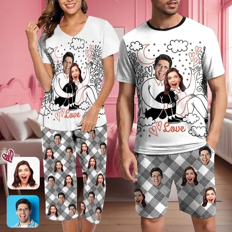 Custom Face Couple Comics Couple Matching Loungewear Set Short Sleeve Shirt and Capri Pants Sleepwear Pajama Set For Valentine's Day