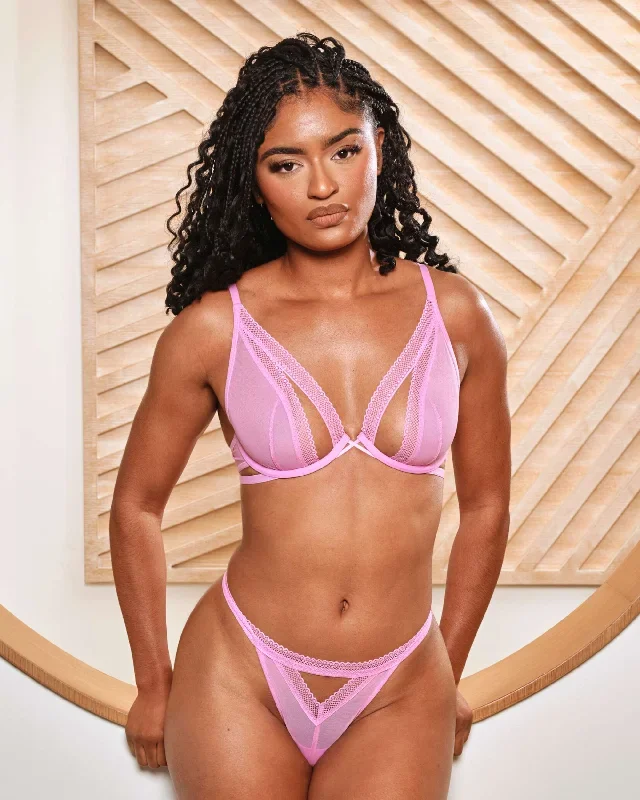 Cutout Bare Mesh Demi Bra & Panty Set Mauve