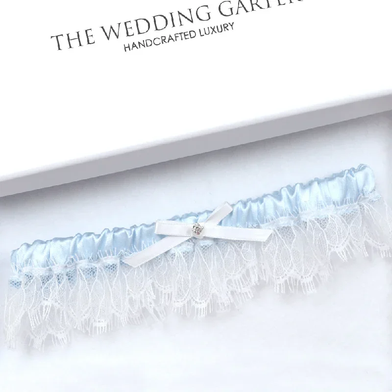 Evie Blue Wedding Garter With Chantilly Lace Trim