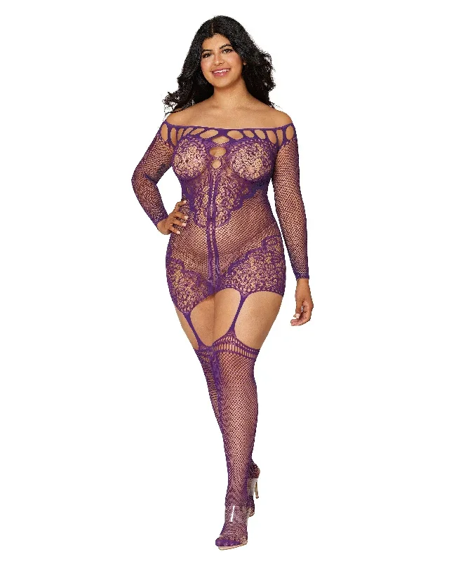 Dreamgirl Fishnet and decorative scalloped lace garter dress with attached fishnet stockings