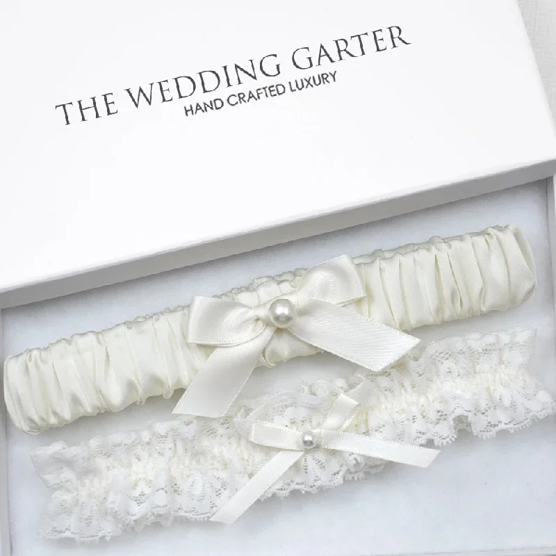 Greta Ivory Satin & Lace Wedding Garter Set