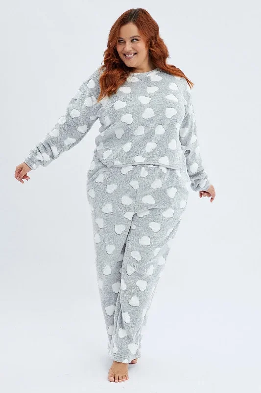 Grey Print Fluffy PJ Heart Print Cosy Pyjama Set