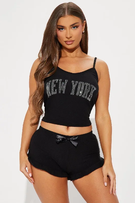 In New York Rhinestone PJ Short Set - Black