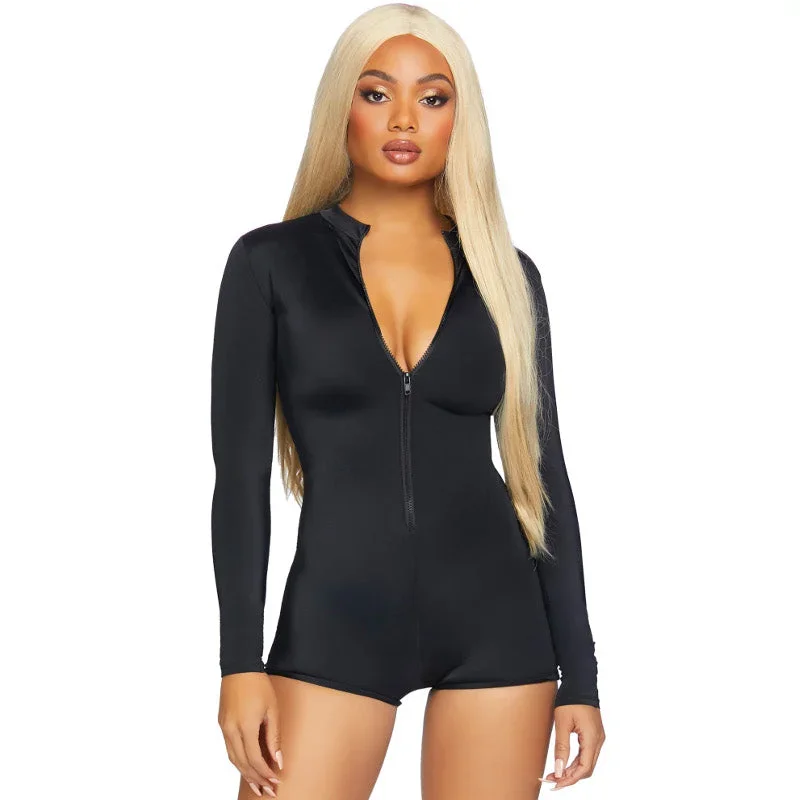 Zipper Front Romper Black - Leg Avenue