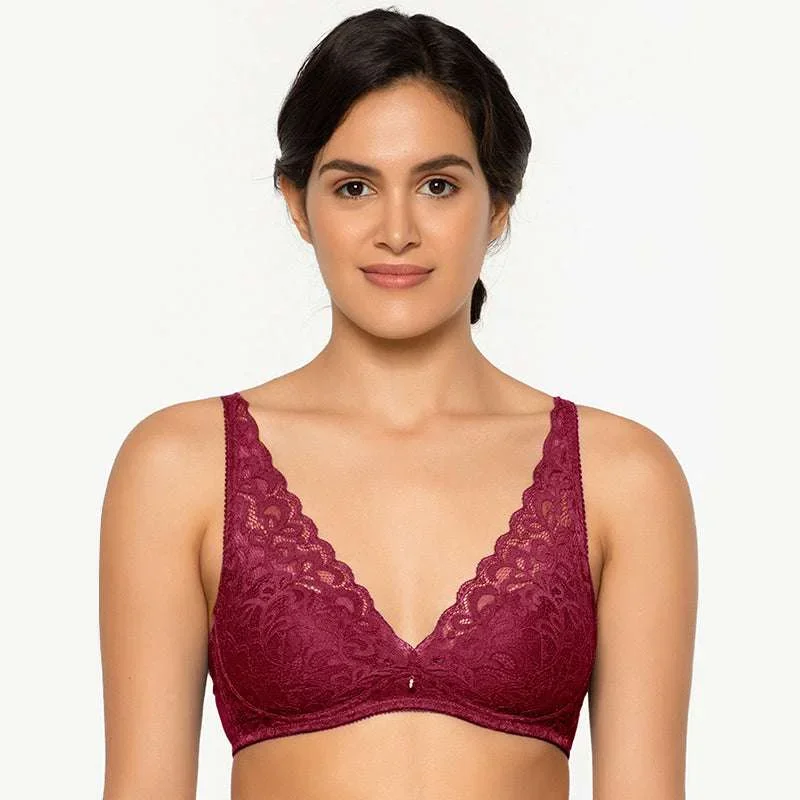 Mystique Padded Non Wired 3/4Th Cup Lace Plunge Bra- Wine