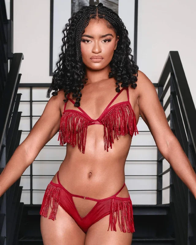 Open Cup Rhinestone Fringe Bra & Panty Set Cherry Bomb Red