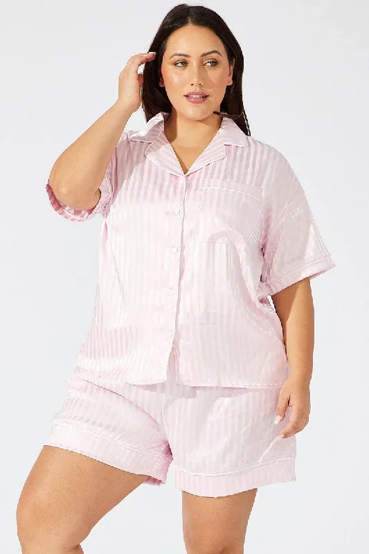 Pink Stripe Satin Pyjamas Set Short Sleeve