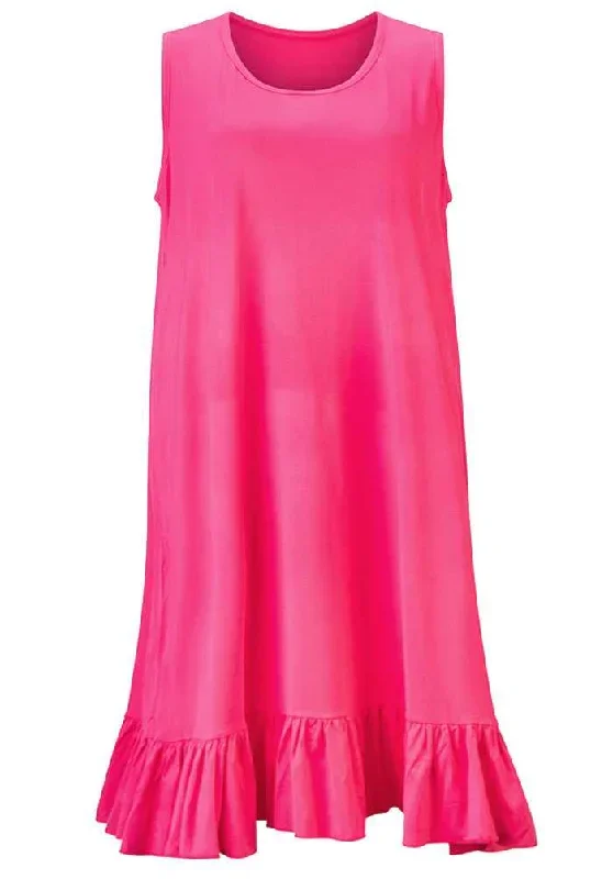 Plus Size Long Nightdress with Ruffle Hem Sleeveless Fushia