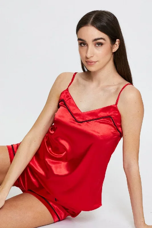 Red Satin Pajamas Set Sleeveless