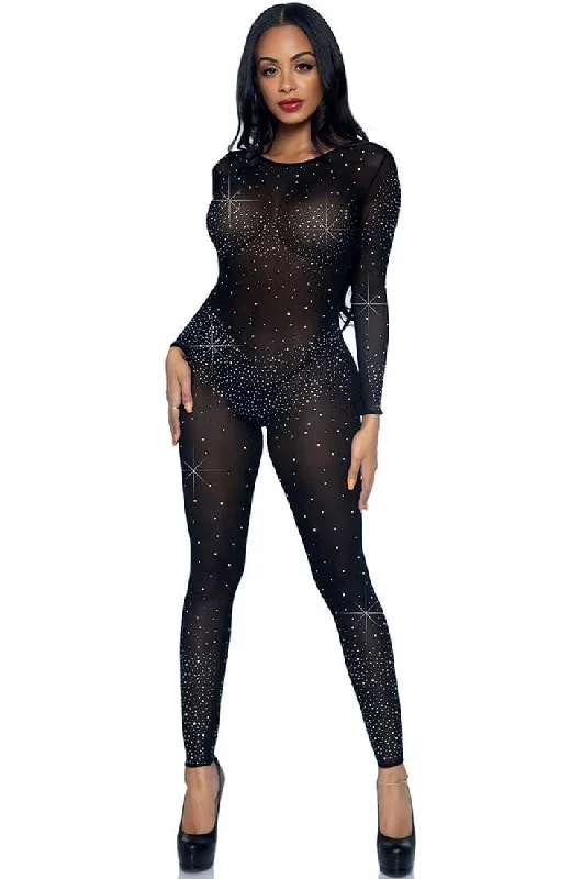 Sheer black rhinestone catsuit