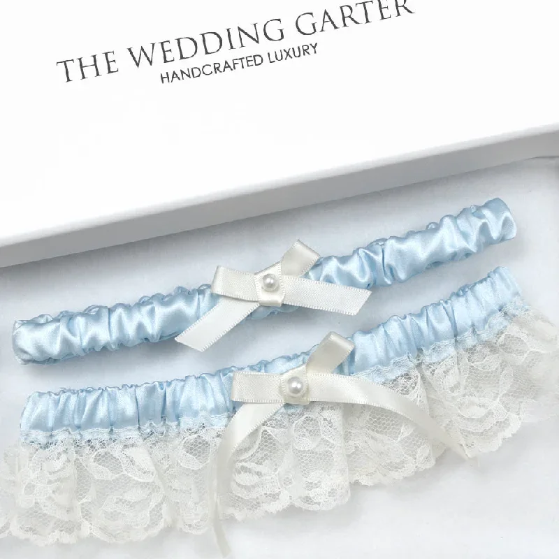 Sky Blue Satin & Ivory Lace Wedding Garter Set With Toss Garter