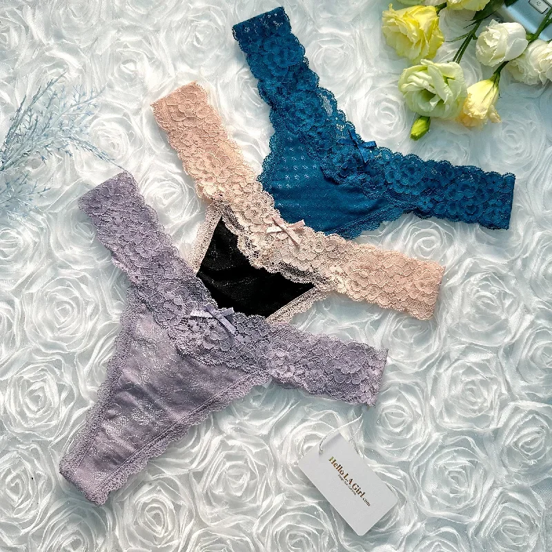 Solid Color 3 Pack T Back Lace Low Waist Cotton Seamless Thongs