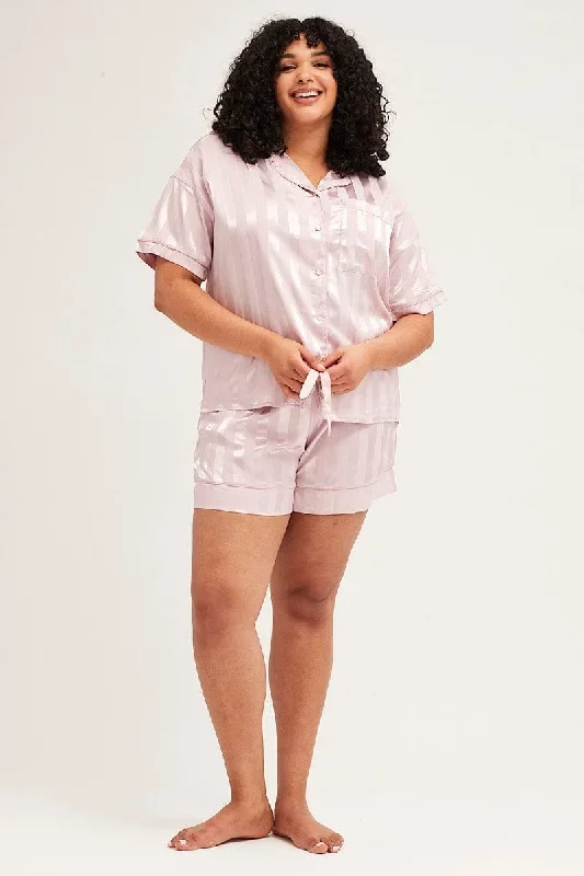 Stripe Pyjamas Set Short Sleeve Collared Shorts Satin