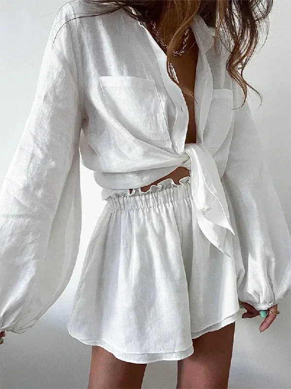 Summer Women's Shorts Sets Sexy Solid Loose Two Piece Set for Women 2023 White Lantern Sleeve Blouse Shirts Shorts Suits Outfits