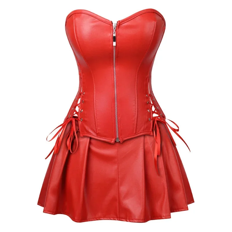 Faux Leather Waist Cincher Zipper Bustier with Mini Skirt Plus Size S-6XL