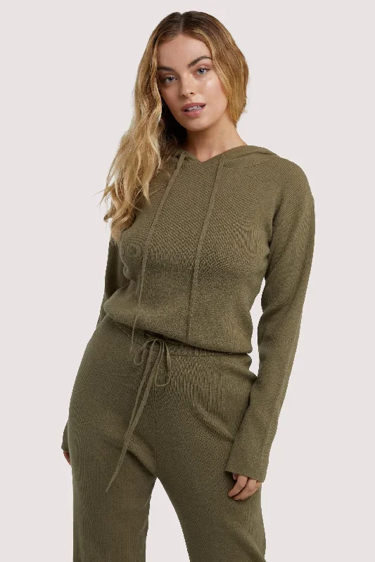 Lounge Khaki Knitted Rib Cropped Hoodie